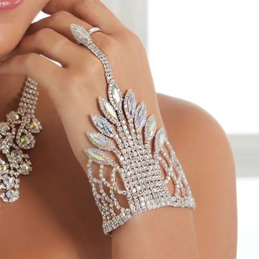 Luxury Hollow Rhinestone Harness Bracelet Finger Chain Crystal Wrap Bangle
