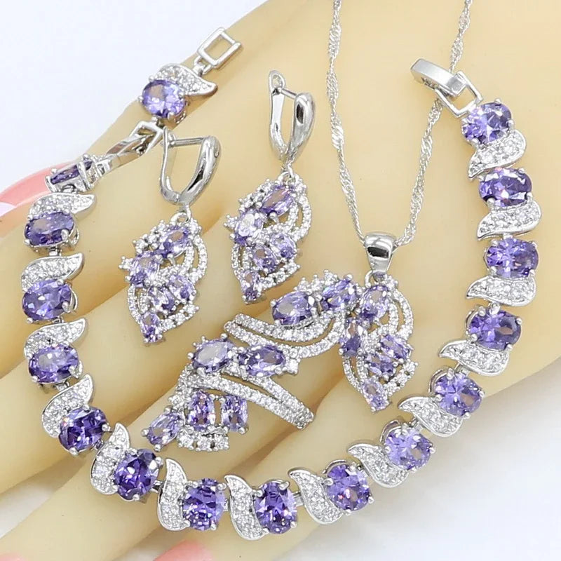 Dubai Jewelry Sets for Women Wedding Purple Amethyst Necklace Pendant Earrings Ring Bracelet Gift Box - Hiron Store