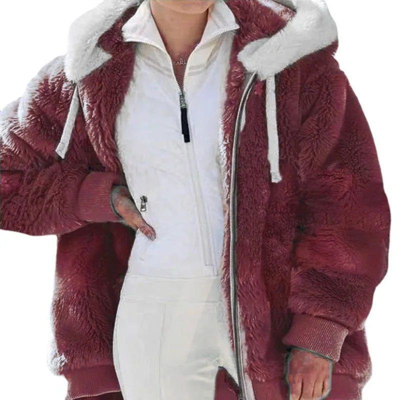 Winter Women Jackets Hooded Zipper Fashion Cashmere Warm Solid Colour Ladies Coats