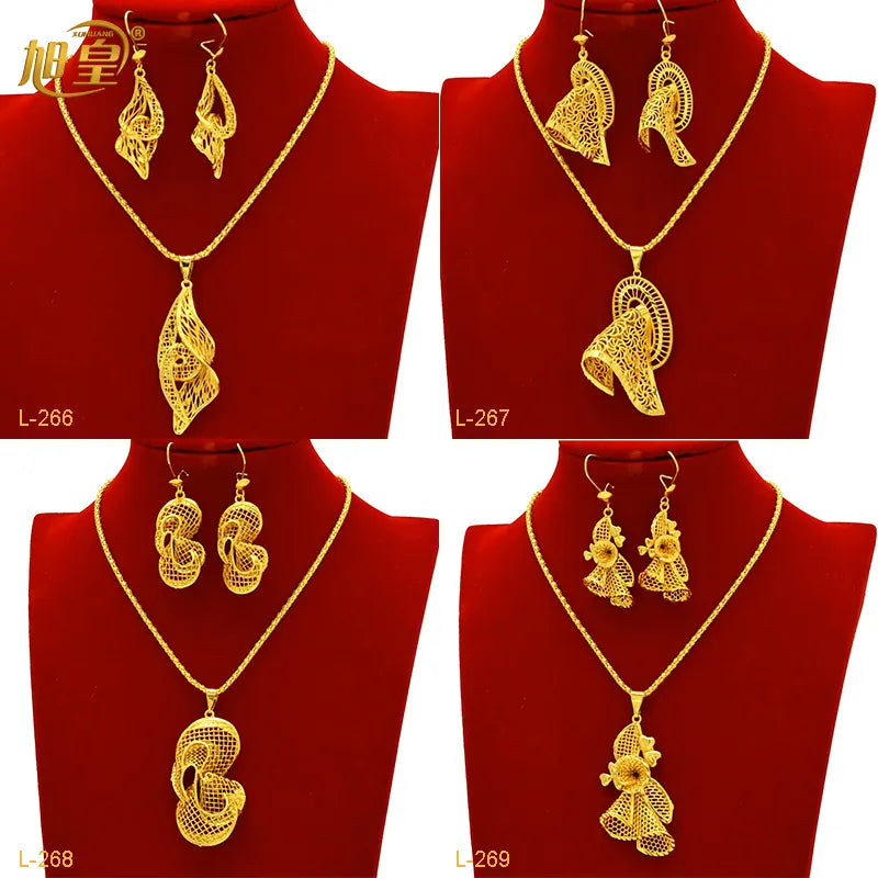 African Indian Bridal 2Pcs Pendant Jewelry Set 24K Gold Plated Dubai Women Wedding Necklace&Earrings Jewellery Party Presents - Hiron Store