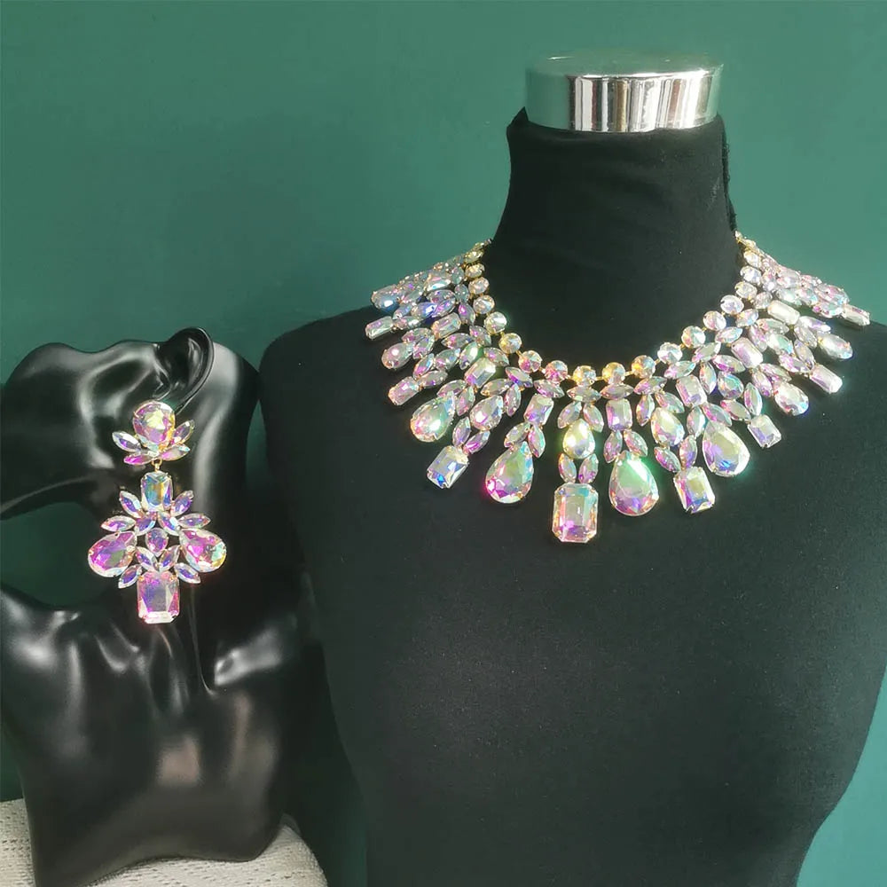 CUIER Super Shiny Glass Necklace& Earring Set Drag queen Big Size Jewelry for Beauty Pageant TV Show Accessories - Hiron Store