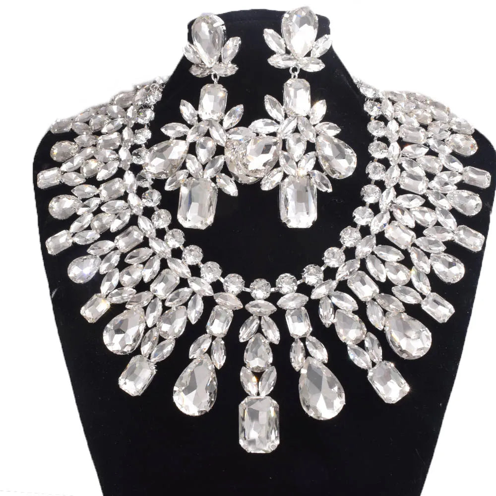 CUIER Super Shiny Glass Necklace& Earring Set Drag queen Big Size Jewelry for Beauty Pageant TV Show Accessories - Hiron Store