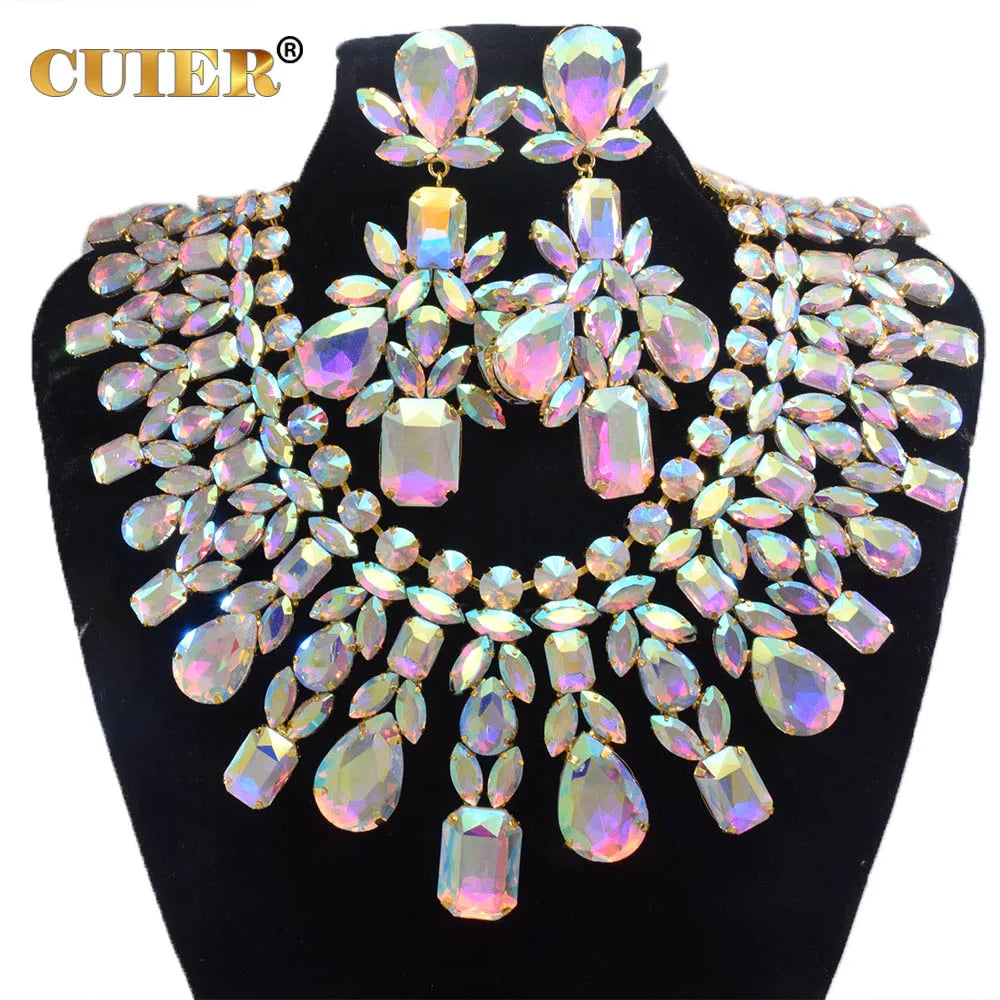 CUIER Super Shiny Glass Necklace& Earring Set Drag queen Big Size Jewelry for Beauty Pageant TV Show Accessories - Hiron Store