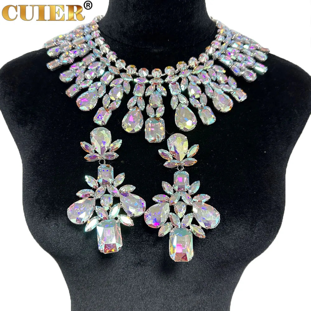 CUIER Super Shiny Glass Necklace& Earring Set Drag queen Big Size Jewelry for Beauty Pageant TV Show Accessories - Hiron Store