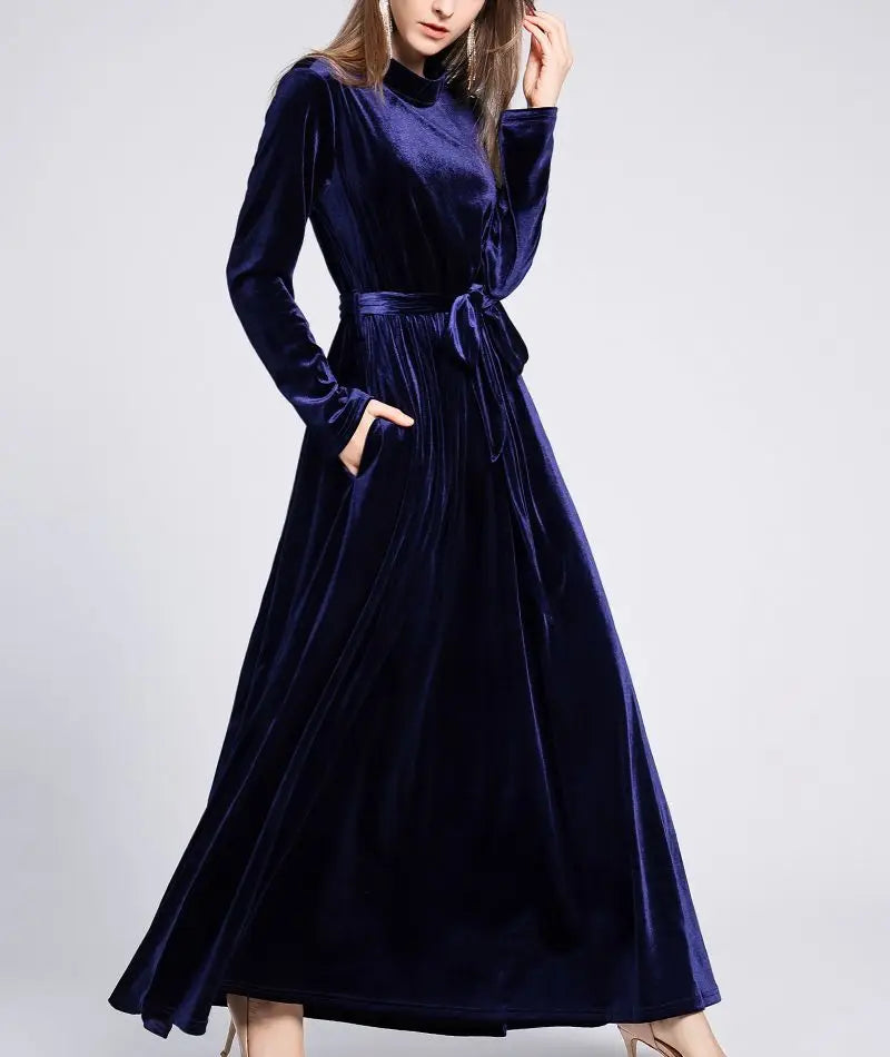 Dresses  Women 2022 Autumn Winter Evening Party Prom Fashion Muslim Abaya Velvet Stretch Maxi Dress With Belt Vestidos 드레스 فستان - Hiron Store