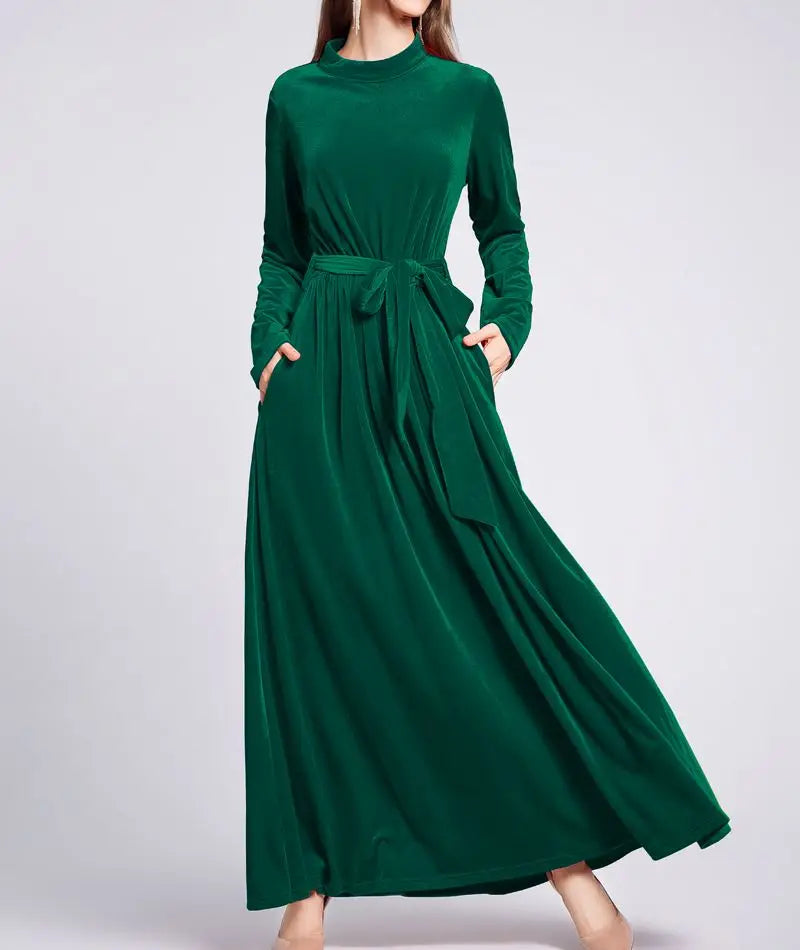 Dresses  Women 2022 Autumn Winter Evening Party Prom Fashion Muslim Abaya Velvet Stretch Maxi Dress With Belt Vestidos 드레스 فستان - Hiron Store