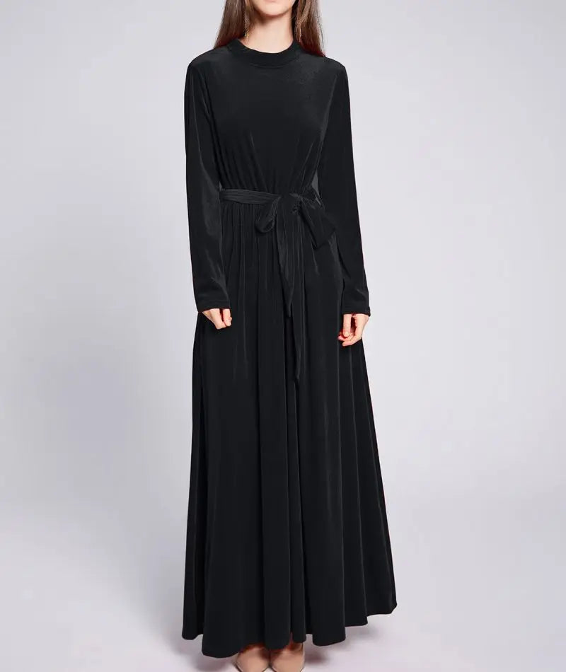 Dresses  Women 2022 Autumn Winter Evening Party Prom Fashion Muslim Abaya Velvet Stretch Maxi Dress With Belt Vestidos 드레스 فستان - Hiron Store