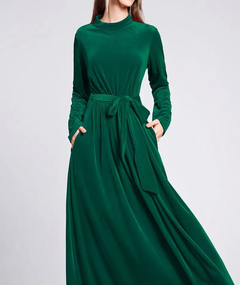 Dresses  Women 2022 Autumn Winter Evening Party Prom Fashion Muslim Abaya Velvet Stretch Maxi Dress With Belt Vestidos 드레스 فستان - Hiron Store