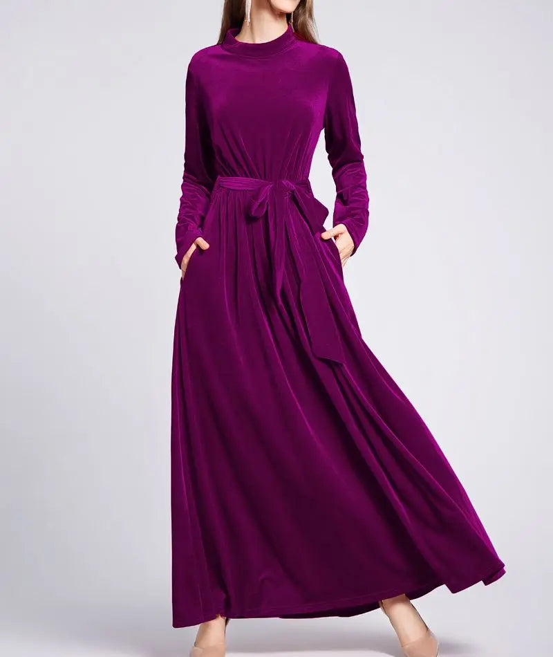 Dresses  Women 2022 Autumn Winter Evening Party Prom Fashion Muslim Abaya Velvet Stretch Maxi Dress With Belt Vestidos 드레스 فستان - Hiron Store