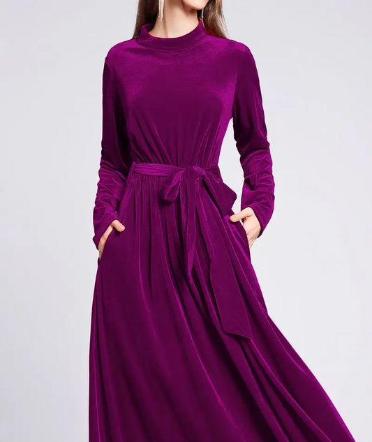 Dresses  Women 2022 Autumn Winter Evening Party Prom Fashion Muslim Abaya Velvet Stretch Maxi Dress With Belt Vestidos 드레스 فستان - Hiron Store