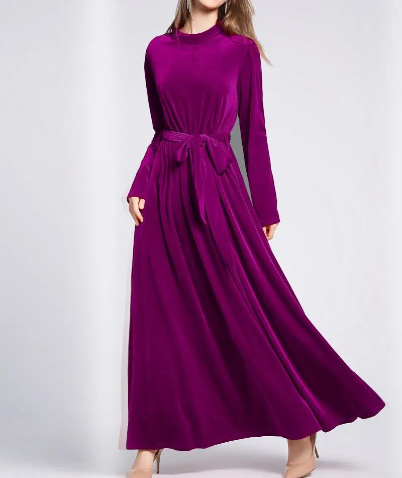 Dresses  Women 2022 Autumn Winter Evening Party Prom Fashion Muslim Abaya Velvet Stretch Maxi Dress With Belt Vestidos 드레스 فستان - Hiron Store