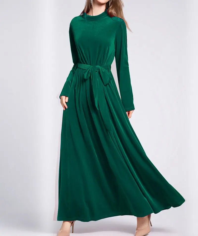 Dresses  Women 2022 Autumn Winter Evening Party Prom Fashion Muslim Abaya Velvet Stretch Maxi Dress With Belt Vestidos 드레스 فستان - Hiron Store