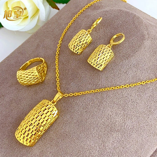 Dubai Gold Color Necklace Sets With Pendant for Women Ethiopian Bridal 3Pcs Jewelry Set Indian Jewellery Party Gifts 24k - Hiron Store