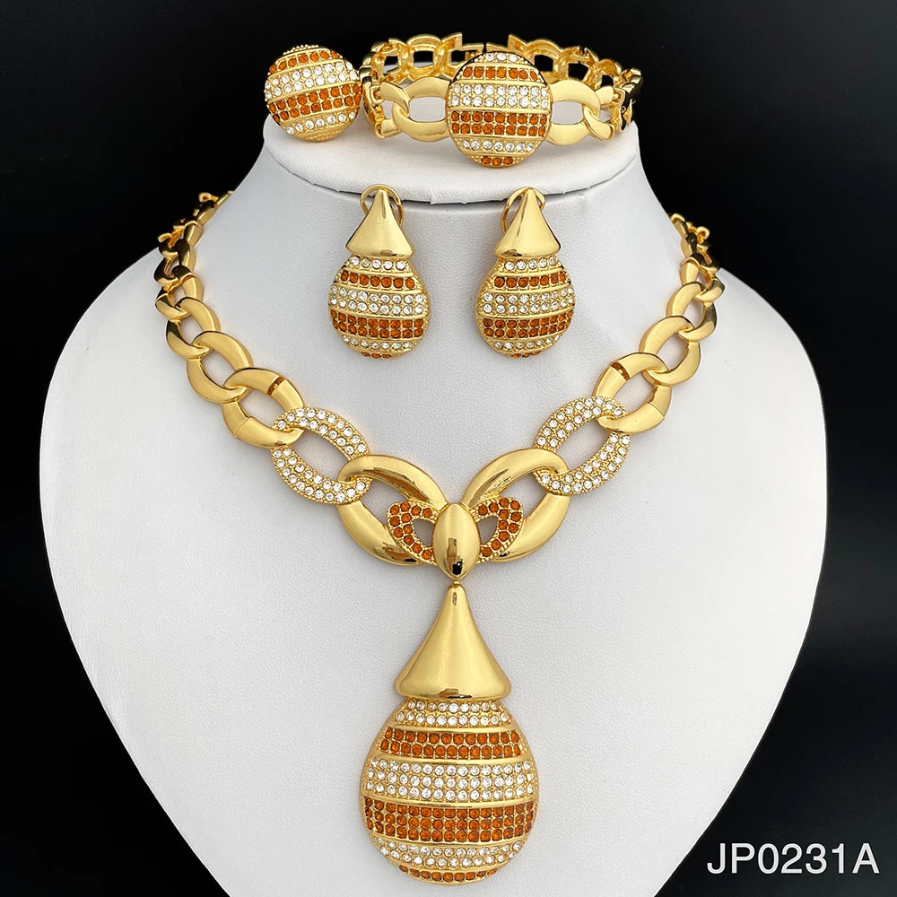 Elegant Dubai 18K Gold Plated Jewelry Set Unique Women Necklaces Earrings Ring Bracelet 4pcs Jewelry Set Party Accessories Gift - Hiron Store