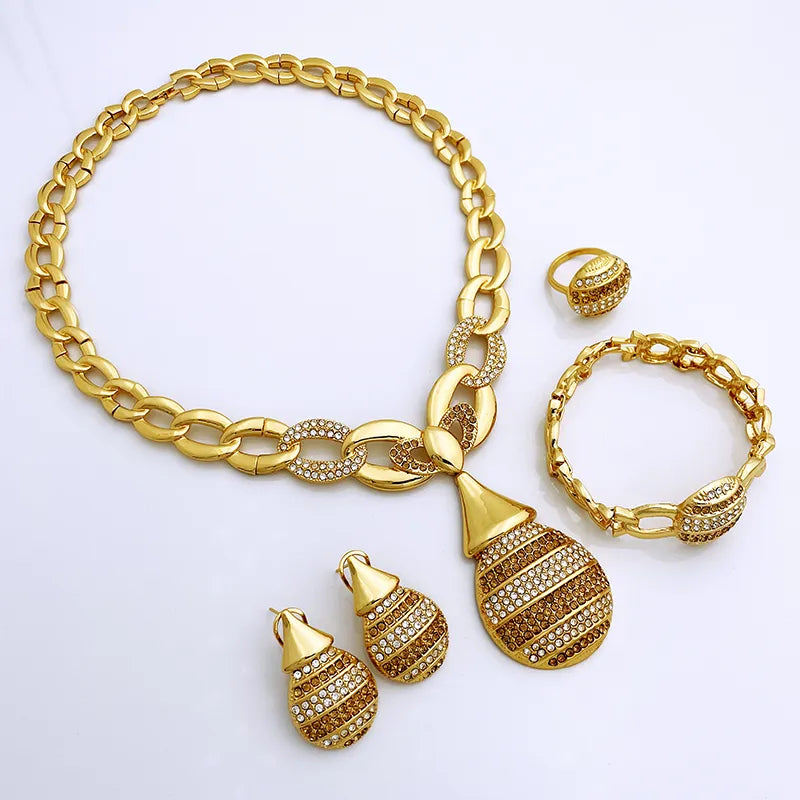 Elegant Dubai 18K Gold Plated Jewelry Set Unique Women Necklaces Earrings Ring Bracelet 4pcs Jewelry Set Party Accessories Gift - Hiron Store