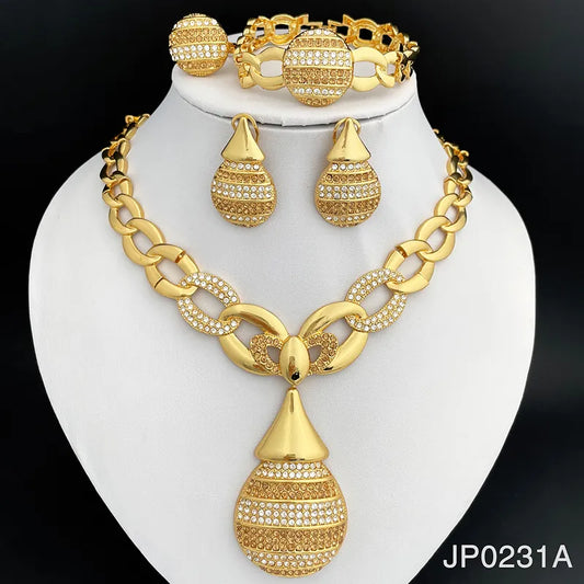 Elegant Dubai 18K Gold Plated Jewelry Set Unique Women Necklaces Earrings Ring Bracelet 4pcs Jewelry Set Party Accessories Gift - Hiron Store