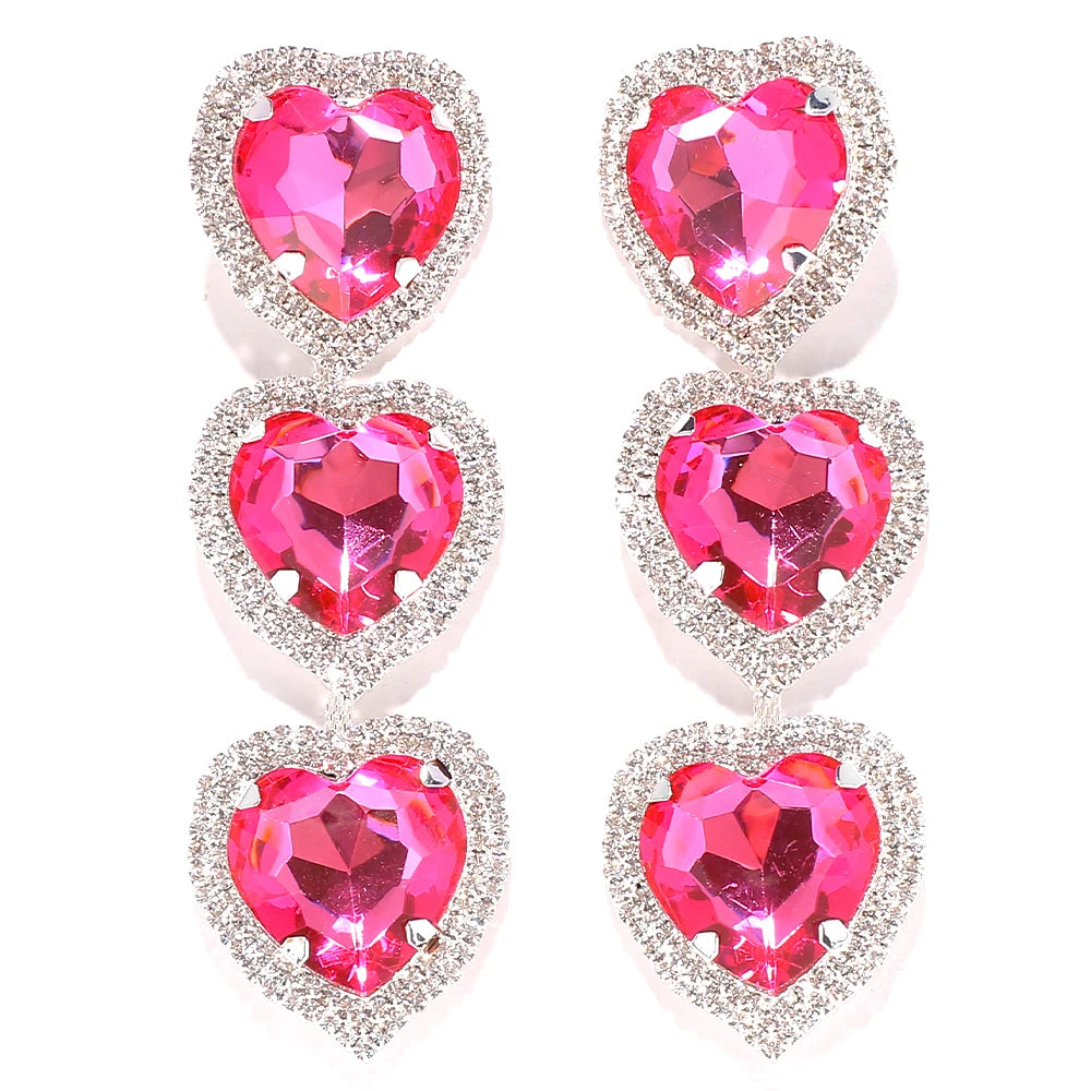 Exaggerate Design Pink Crystal Heart Earrings Statement Jewelry Women 2023 Love Pendant Rhinestone Dangle Earrings Party Gifts - Hiron Store