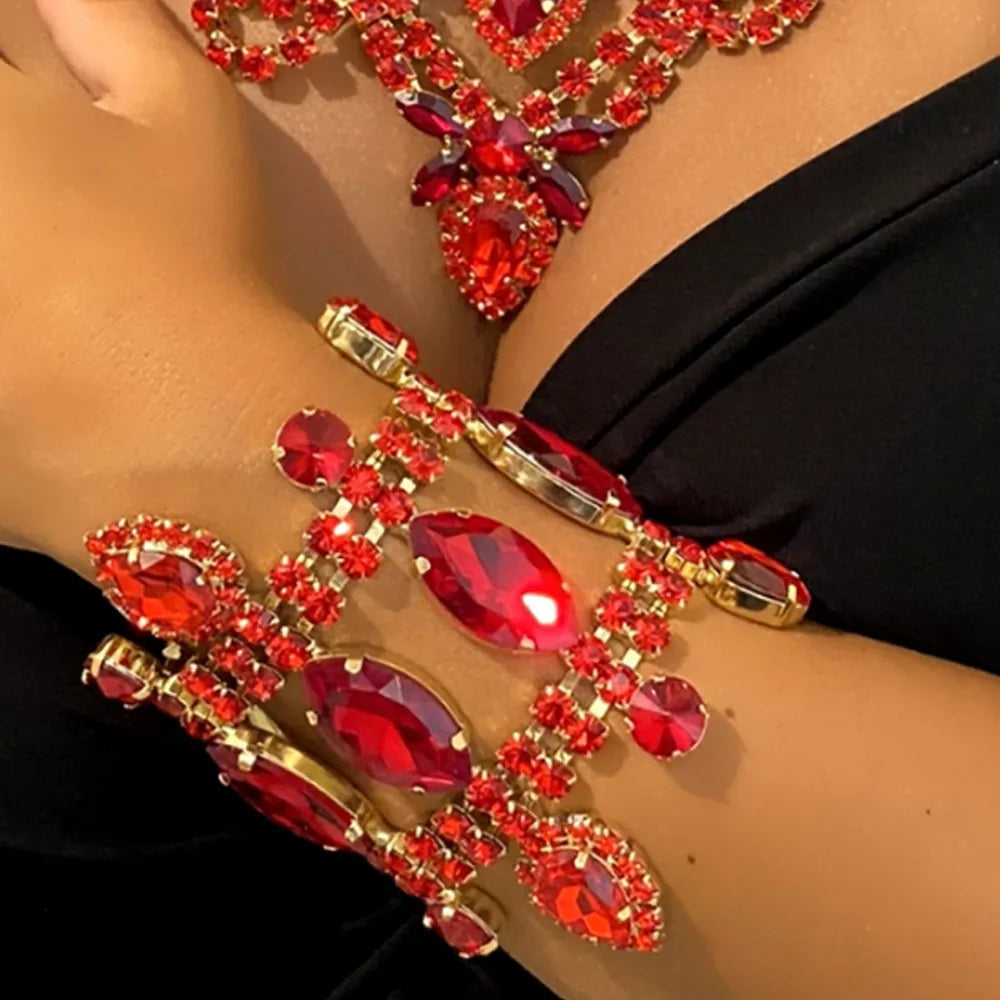 Exaggerated Rhinestone Hot Red Hollow Water Drop Hand Bracelet Party Jewelry for Women Crystal Geometric Wide Bangle Bracelet - Hiron Store