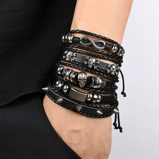 Fashion Bracelet Viking  Bracelet For Men Hand Bracelets Woven Skull Hand Jewelry Adjustable Leather Set Bracelet For Leather - Hiron Store