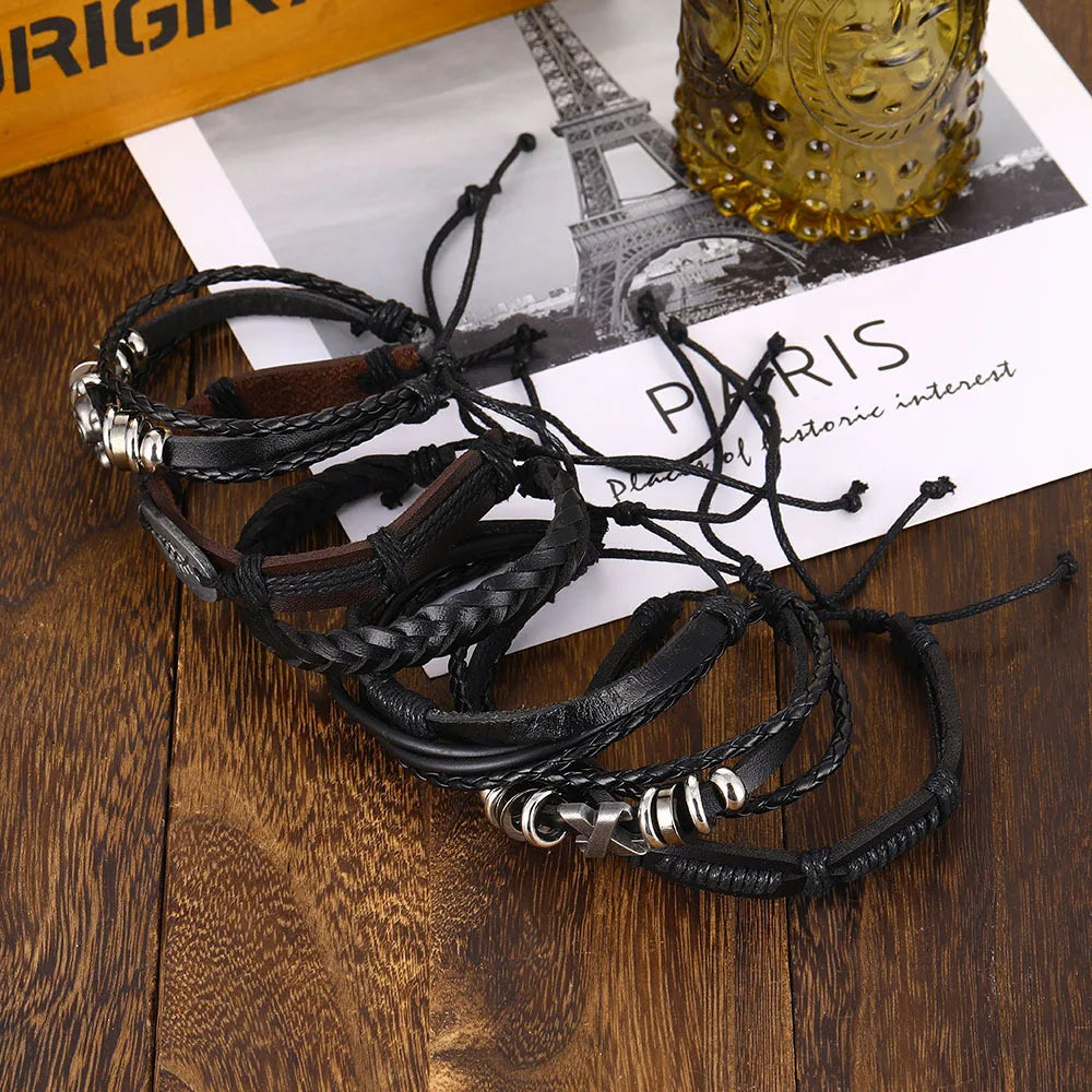 Fashion Bracelet Viking  Bracelet For Men Hand Bracelets Woven Skull Hand Jewelry Adjustable Leather Set Bracelet For Leather - Hiron Store