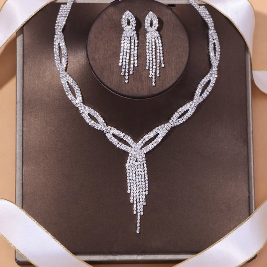 Fashion Classic Elegant Tassel Crystal Bridal Jewelry Sets African Rhinestone Wedding Necklace Earrings Bracelet Sets - Hiron Store