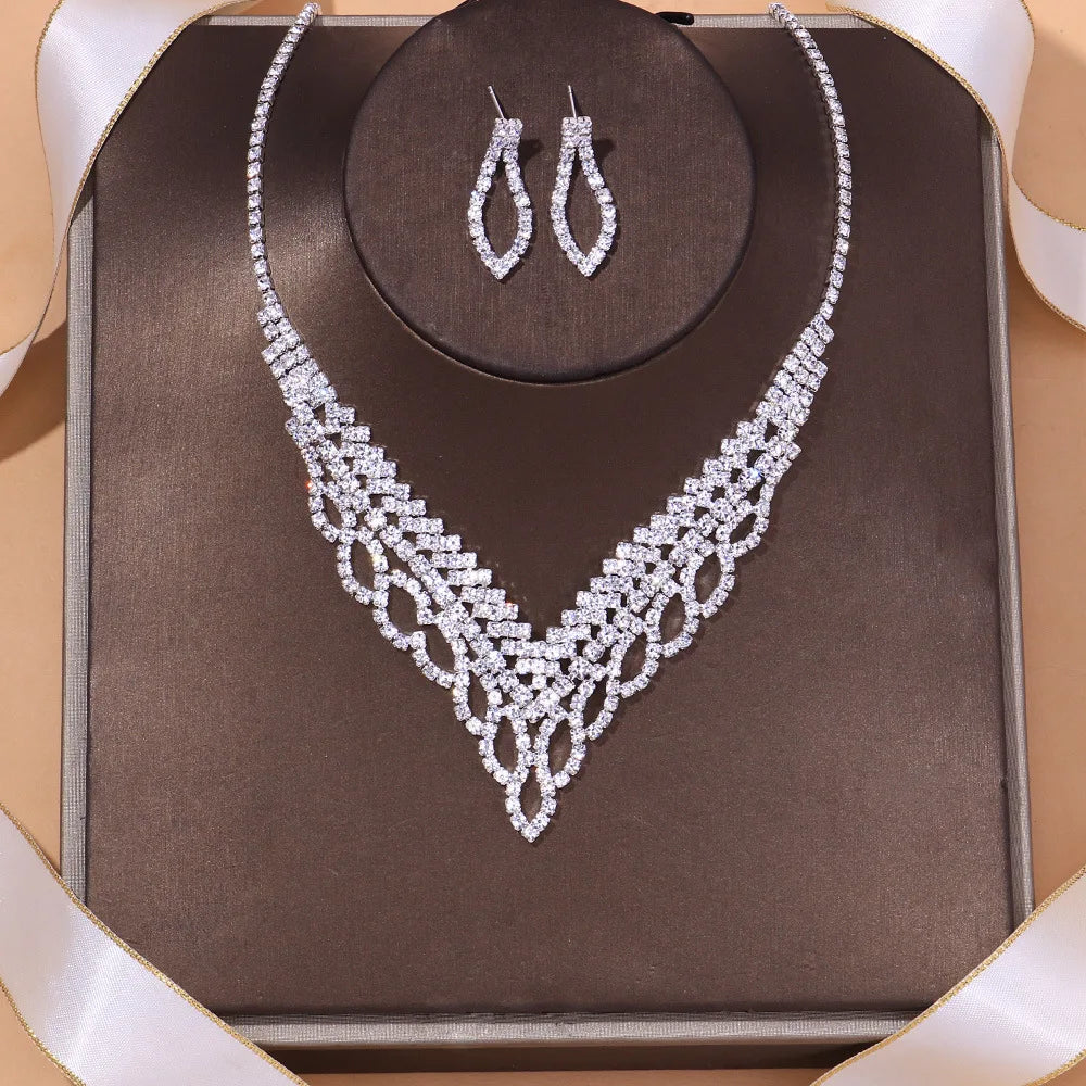 Fashion Classic Elegant Tassel Crystal Bridal Jewelry Sets African Rhinestone Wedding Necklace Earrings Bracelet Sets - Hiron Store