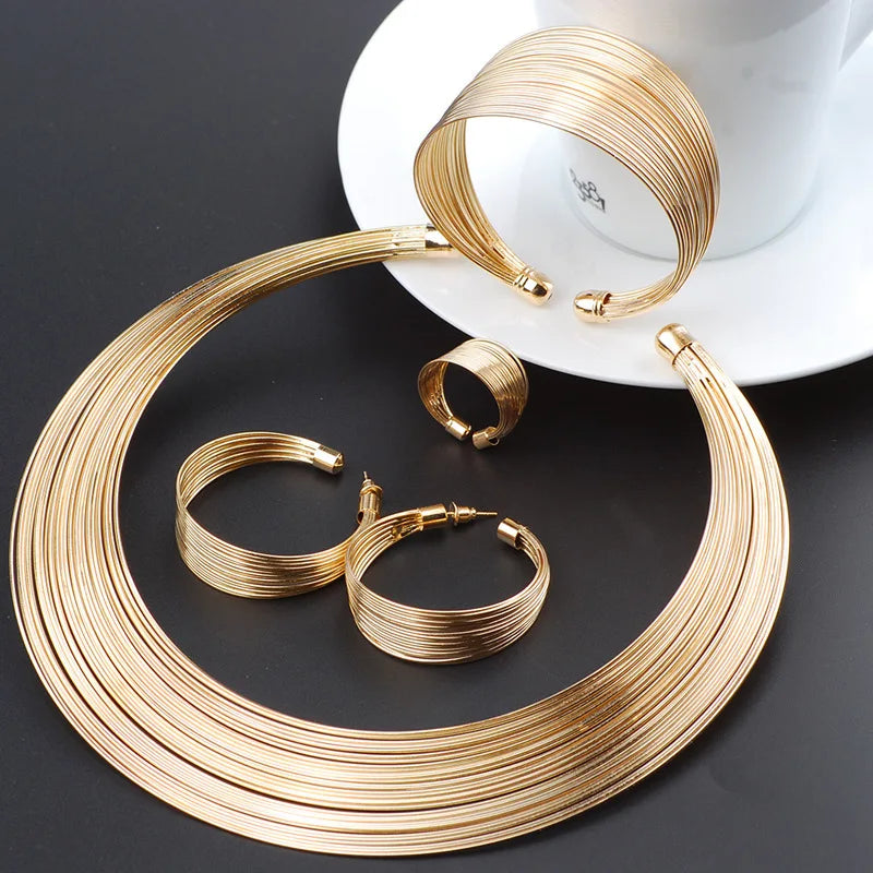 Fashion Dubai Gold Color Jewelry Sets Exaggerated Line Necklace Wedding Gift African Jewelry for Women - Hiron Store