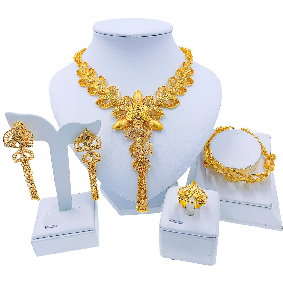 Fashion Wedding Jewelry Set for Women Dubai Gold Plated Flower Necklace Tassels Bracelet Ring Earrings Sets African Bridal Gifts - Hiron Store