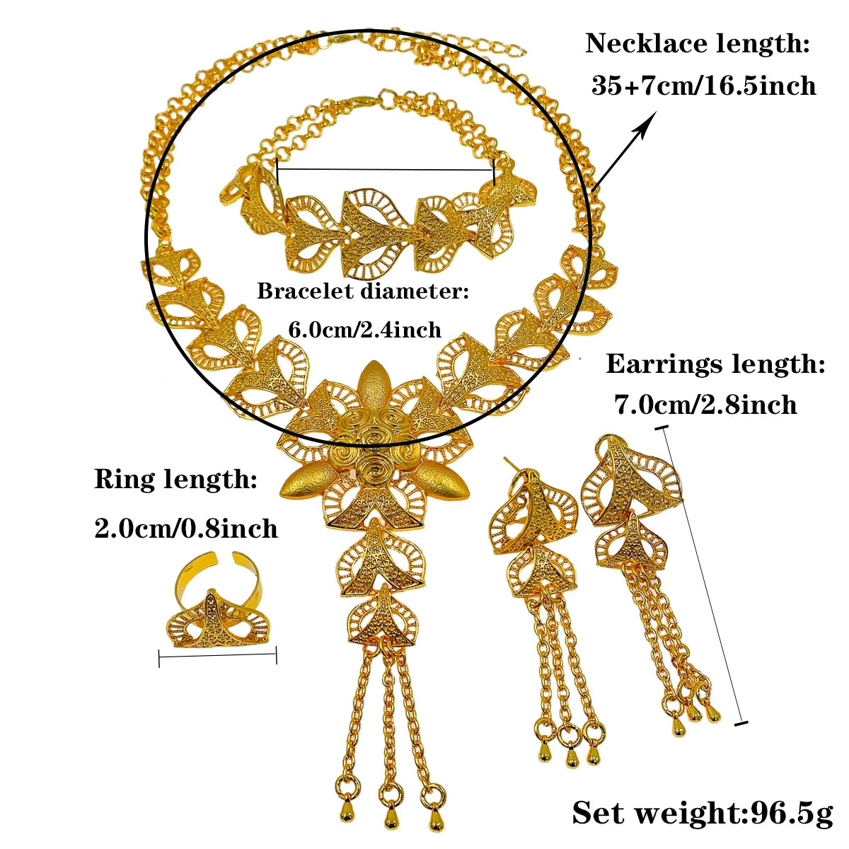 Fashion Wedding Jewelry Set for Women Dubai Gold Plated Flower Necklace Tassels Bracelet Ring Earrings Sets African Bridal Gifts - Hiron Store