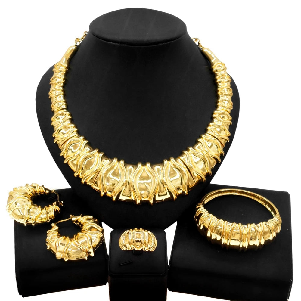 Fashion Woman Necklace Jewelry Set Italy Gold Plated Pendant Wedding Party Earrings Ring Gift Free Shipping - Hiron Store