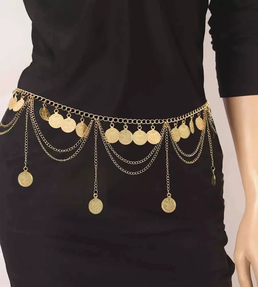 Gypsy Tribal Vintage Gold Color Metal Coin Tassel Waist Belly Chain for Women Indian Dance Afghan Ethnic Dress Belt Body Jewelry - Hiron Store