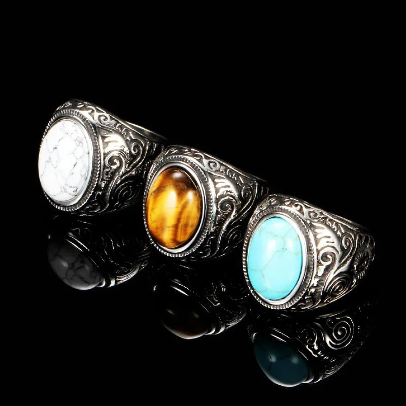 HNSP 316L Stainless Steel Natural Stone Ring For Men Vintage Jewelry Tiger Eyes Stone Rings