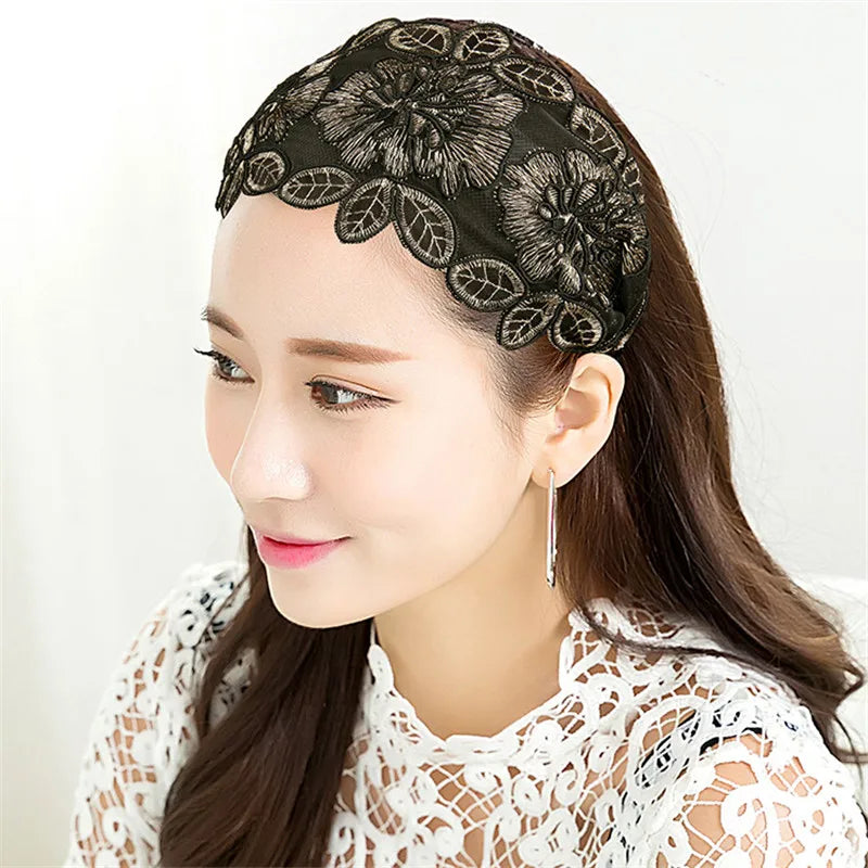 Lace Flowers Headband Women Hair Hoop belt Toothed Non-Slip Elastic Hairband Hair Accessories Hair belts