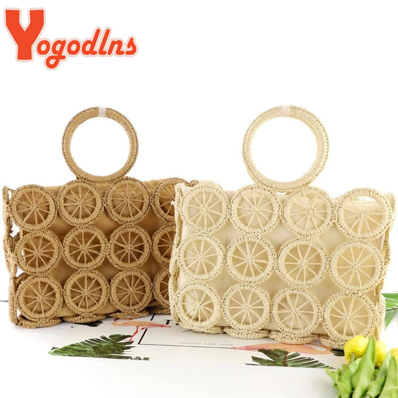 Yogodlns Summer Hollow Out Straw Bag Women Handmade Weave Handle Bag Beach Ladge Capacity Handbag Casual Rattan Lady Beach Bag - Hiron Store