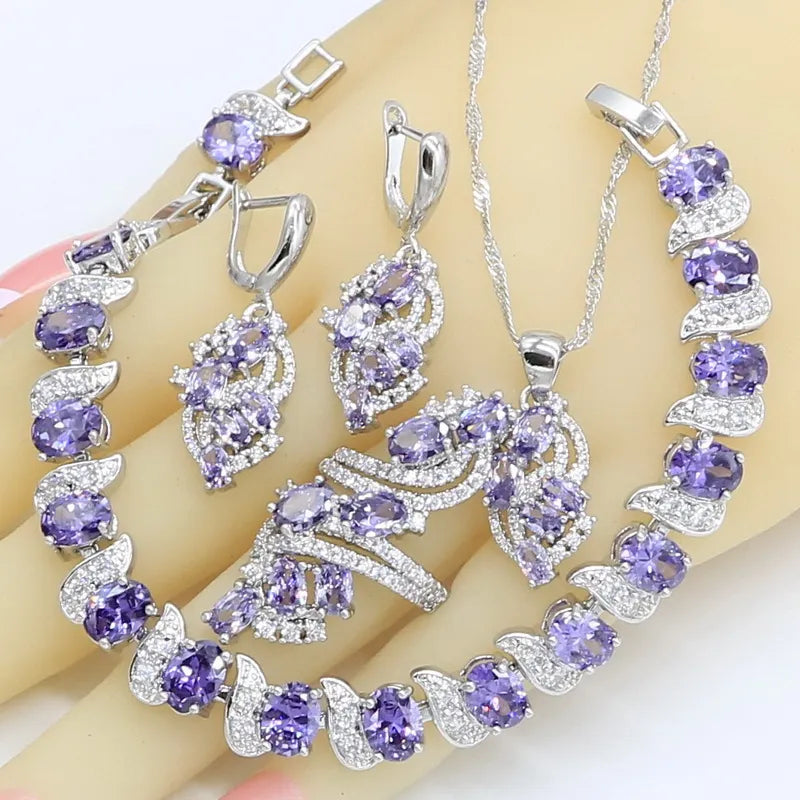 Dubai Jewelry Sets for Women Wedding Purple Amethyst Necklace Pendant Earrings Ring Bracelet Gift Box - Hiron Store