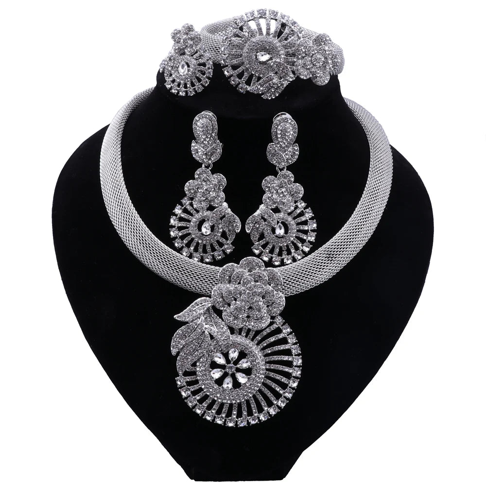 CYNTHIA Women Silver Plated Necklace Sets Crystal Earrings Ring Classic Wedding Flower Jewelry Set for Bride