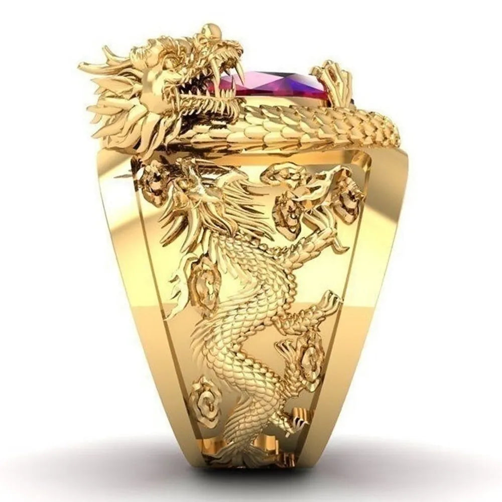 Huitan Luxury Gold Color Dragon Pattern Men Rings Inlaid Big Oval Red Stone Noble Wedding Party Finger Rings Male Trendy Jewelry - Hiron Store