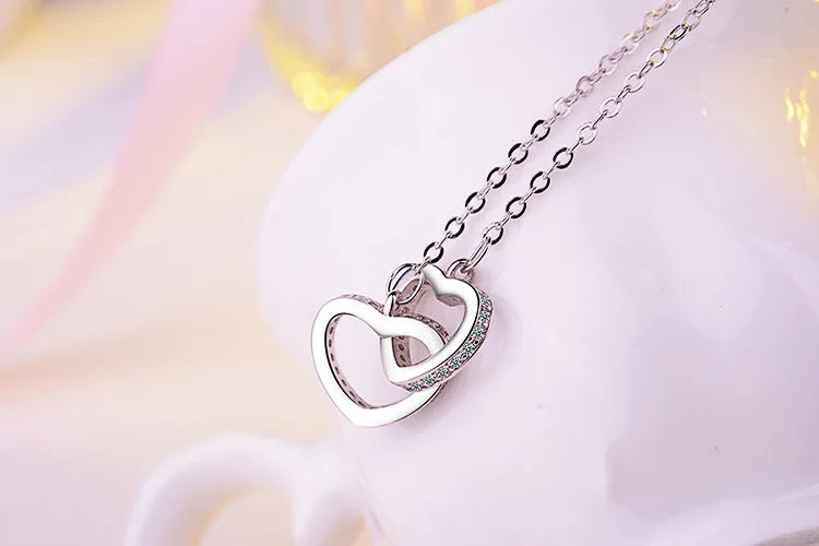 Sterling Silver Necklace Pendant Rose Gold Double Heart Crystal Jewelry