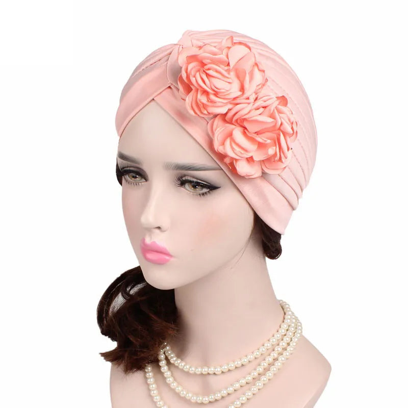 New Flower Decoration Turban, Solid Color Women's Head Wrap, Fashion Headwear, Bandana Cap