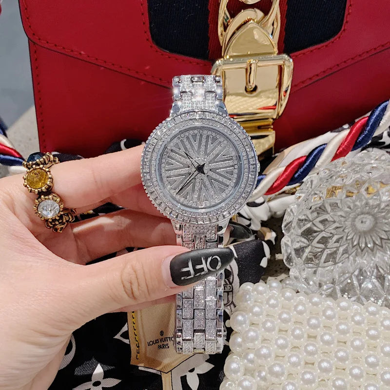 High Quality Fashion Spinning Dial Women Watches Quartz Designer Waterproof Bracelet Watch With Rhinestone Crystal