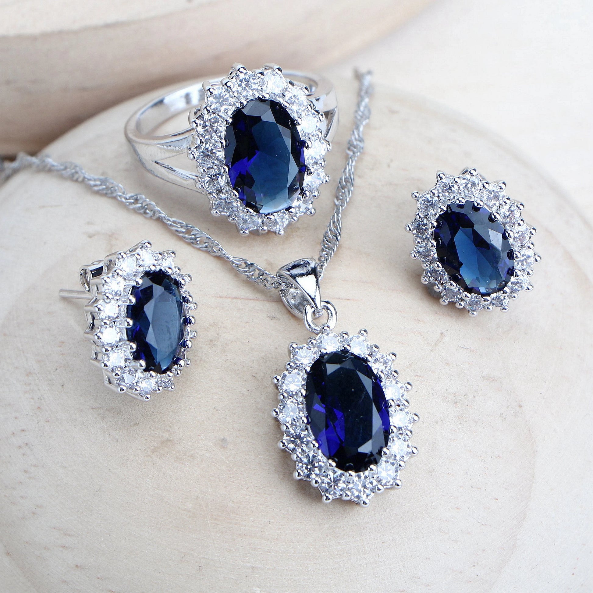 Silver 925 Women Bridal Jewelry Sets Blue Zirconia Costume Fine Jewellery Wedding Necklace Earrings Rings Bracelets Pendant Set - Hiron Store