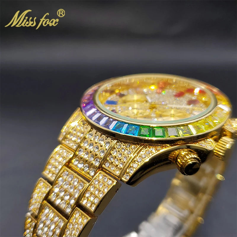 Gold Men Watch With Rainbow Diamond Dial Waterproof Watches