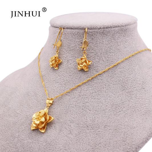 gold colour jewellery African flower pendant Ethiopia bridal necklace and Earrings set