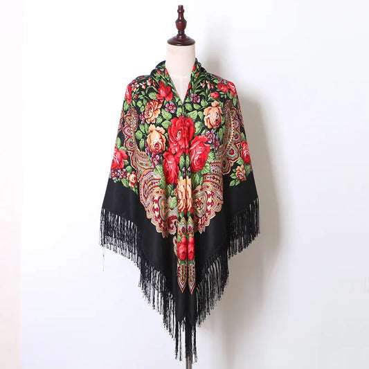 160*160cm Women Russian National Scarf Lady Tassel Floral Print Headscarf Wraps Babushka Bandana Beach Travel Shade Shawls - Hiron Store