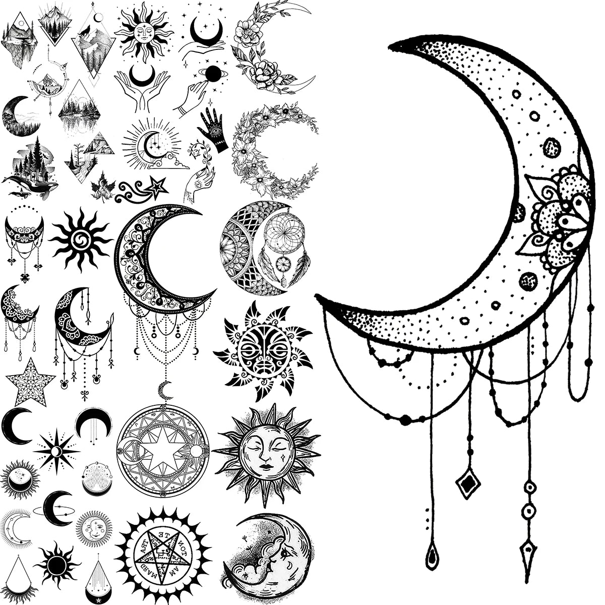 3D Moon Temporary Tattoos For Adults Mountain Sun Cluster Dream Catcher Fake Pendant