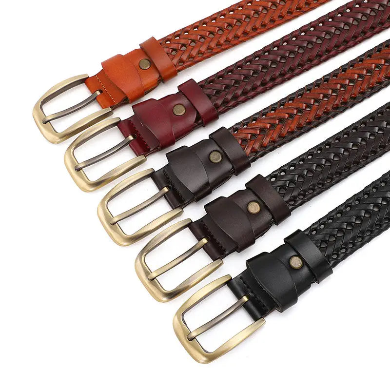 Men Genuine Leather Braided Belts Webbing High Quality Hand Vintage Belts for Men Gold Pin Buckle Casual for Jeans Strap HQ212 - Hiron Store