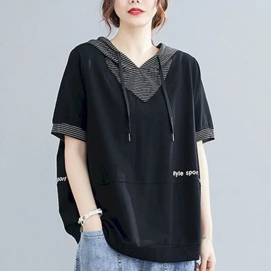 Womens Short-sleeved Hoodies Oversized  Hooded Stitching Printed T-shirt