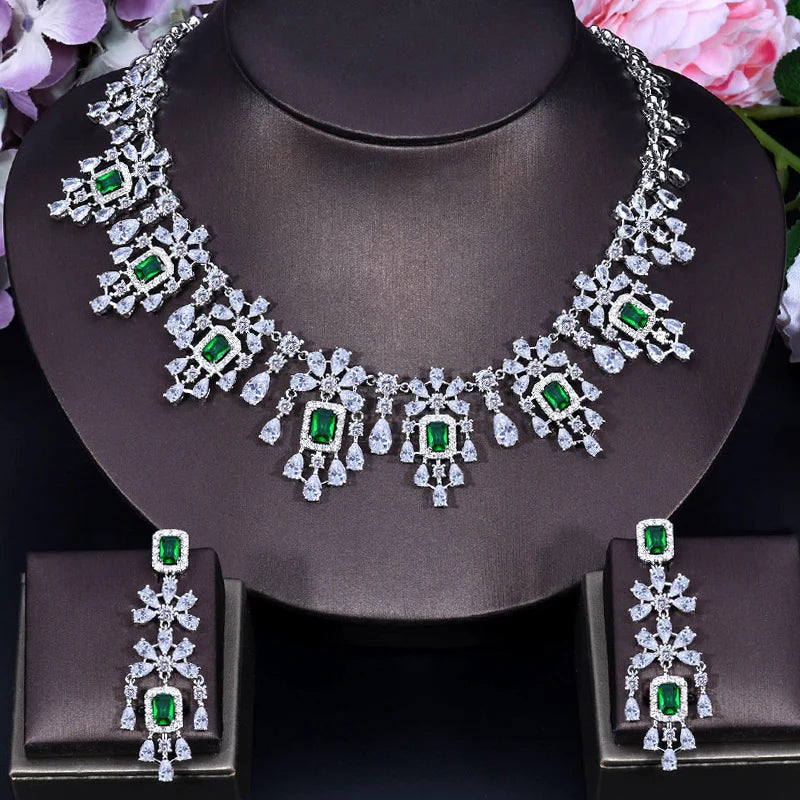 Costume Jewellery Set for Women Yellow Cubic Zirconia Tassel Square Drop Necklace Earrings