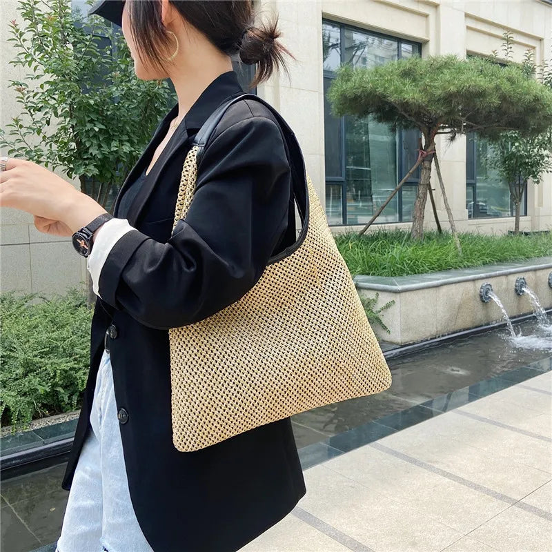 Summer Women Durable Weave Straw Beach Bags Bucket Handbags Knitting Rattan Bag