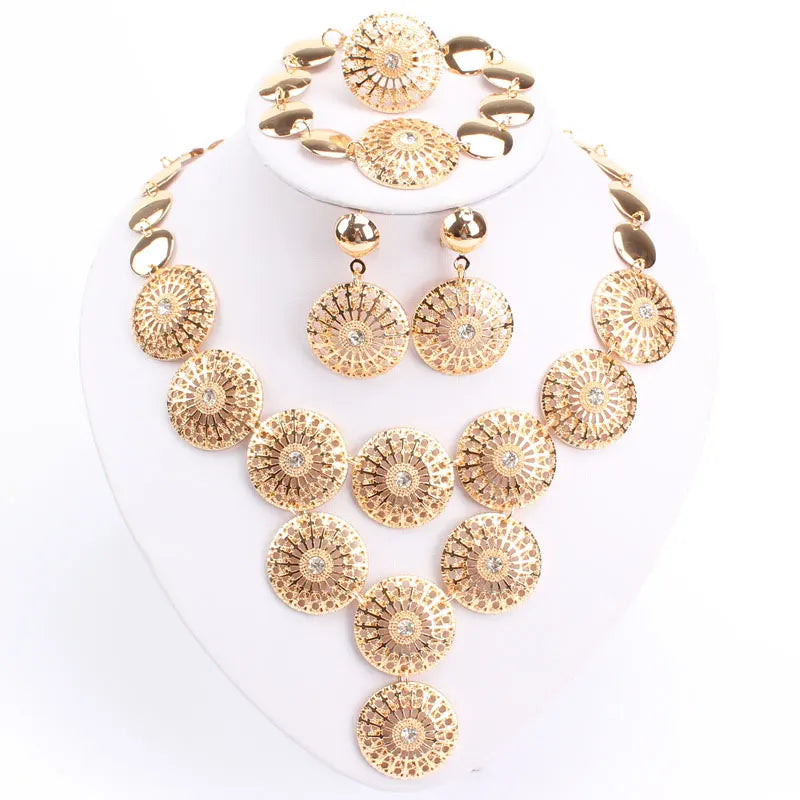 African Bridal Jewelry Brand Dubai Gold-Color Crystal Jewelry Set Flower Shape Necklace Set